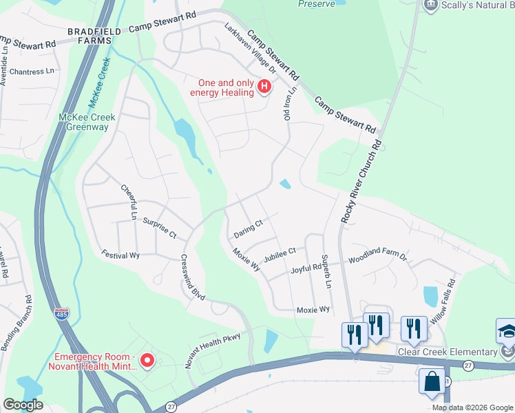 map of restaurants, bars, coffee shops, grocery stores, and more near 3833 Camp Stewart Road in Charlotte