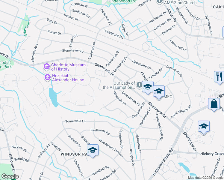 map of restaurants, bars, coffee shops, grocery stores, and more near 4024 Winedale Lane in Charlotte