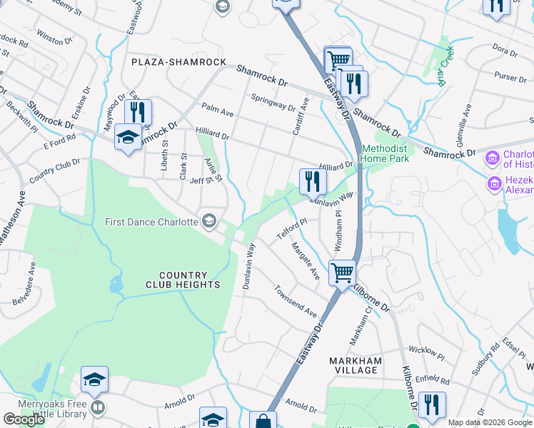 map of restaurants, bars, coffee shops, grocery stores, and more near 2959 Dunlavin Way in Charlotte
