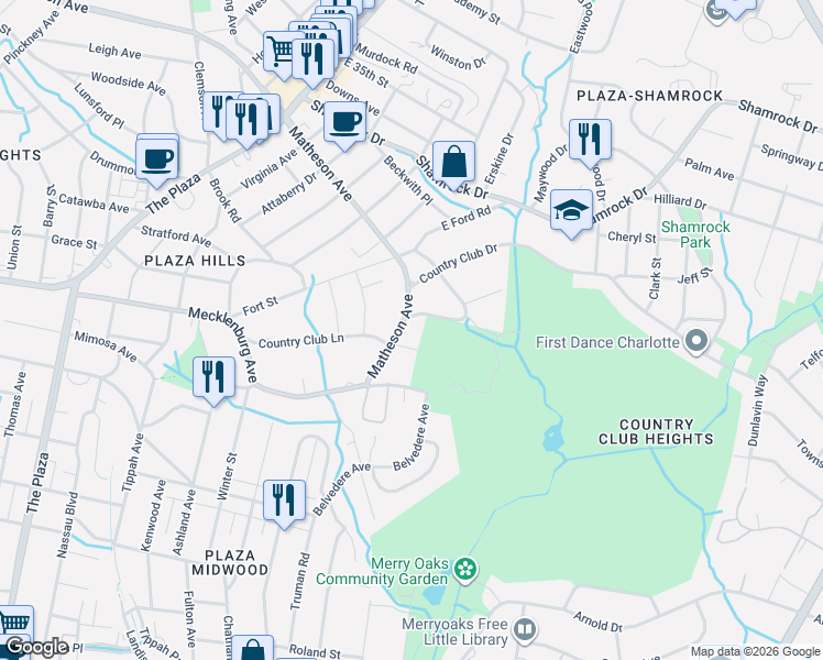 map of restaurants, bars, coffee shops, grocery stores, and more near 1919 Matheson Avenue in Charlotte
