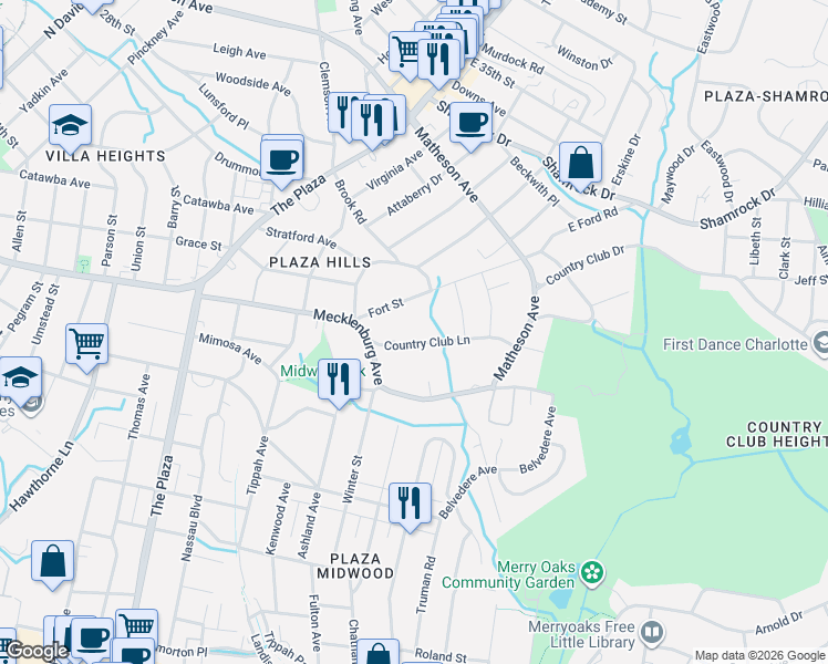 map of restaurants, bars, coffee shops, grocery stores, and more near 2626 Fort Street in Charlotte