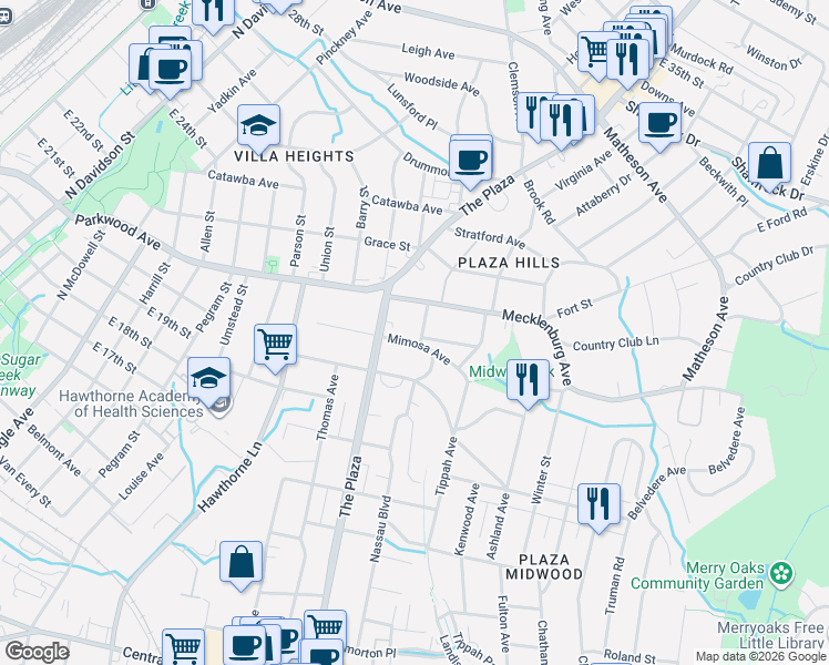 map of restaurants, bars, coffee shops, grocery stores, and more near in Charlotte