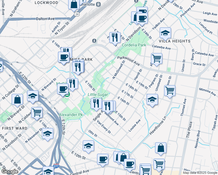 map of restaurants, bars, coffee shops, grocery stores, and more near 724 East 17th Street in Charlotte