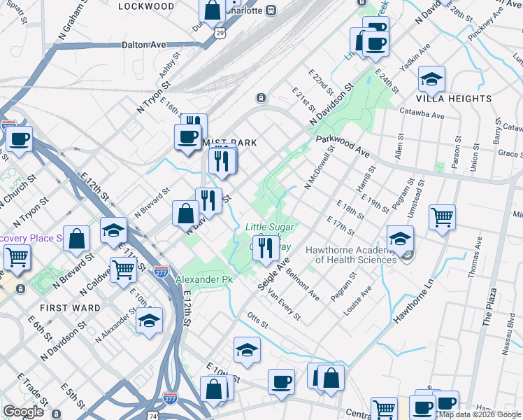 map of restaurants, bars, coffee shops, grocery stores, and more near in Charlotte
