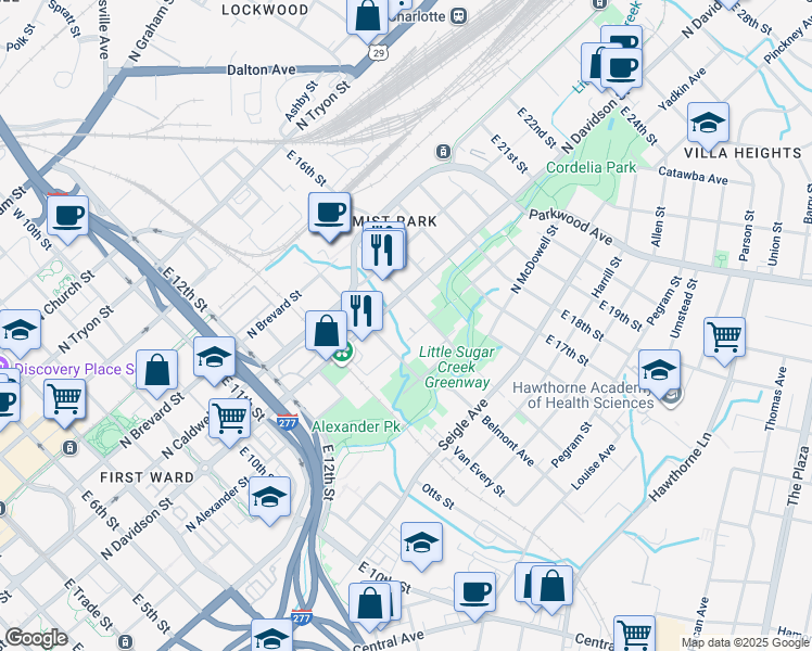 map of restaurants, bars, coffee shops, grocery stores, and more near 1200 North Davidson Street in Charlotte
