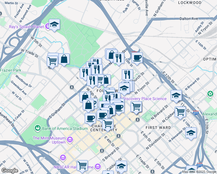 map of restaurants, bars, coffee shops, grocery stores, and more near 417 West 8th Street in Charlotte