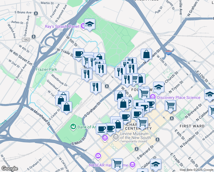 map of restaurants, bars, coffee shops, grocery stores, and more near 702 West Trade Street in Charlotte
