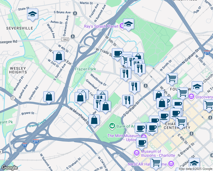 map of restaurants, bars, coffee shops, grocery stores, and more near 228 South Clarkson Street in Charlotte