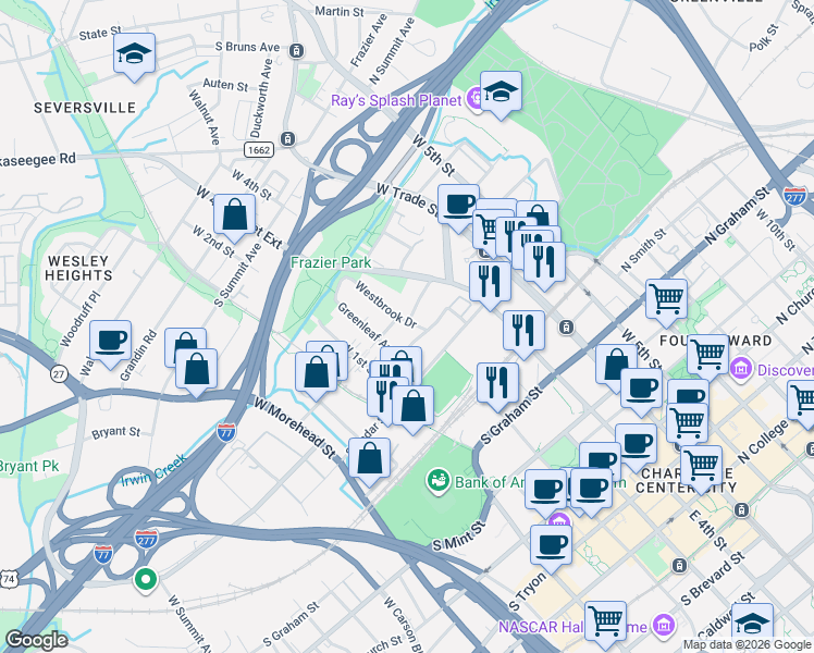 map of restaurants, bars, coffee shops, grocery stores, and more near in Charlotte