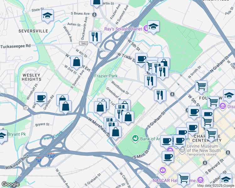 map of restaurants, bars, coffee shops, grocery stores, and more near in Charlotte