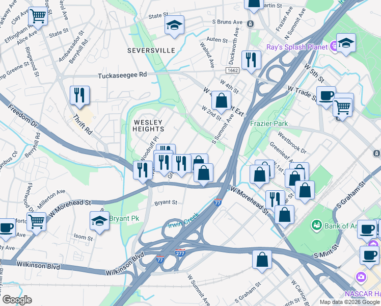 map of restaurants, bars, coffee shops, grocery stores, and more near 604 Grandin Road in Charlotte