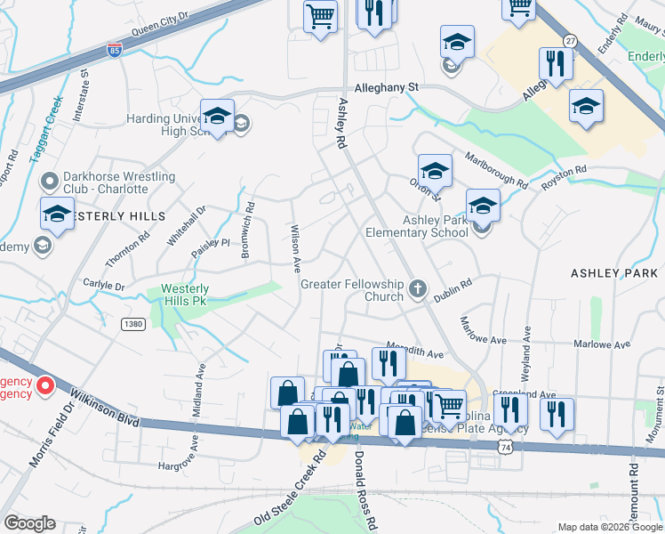 map of restaurants, bars, coffee shops, grocery stores, and more near 3547 Carlyle Drive in Charlotte