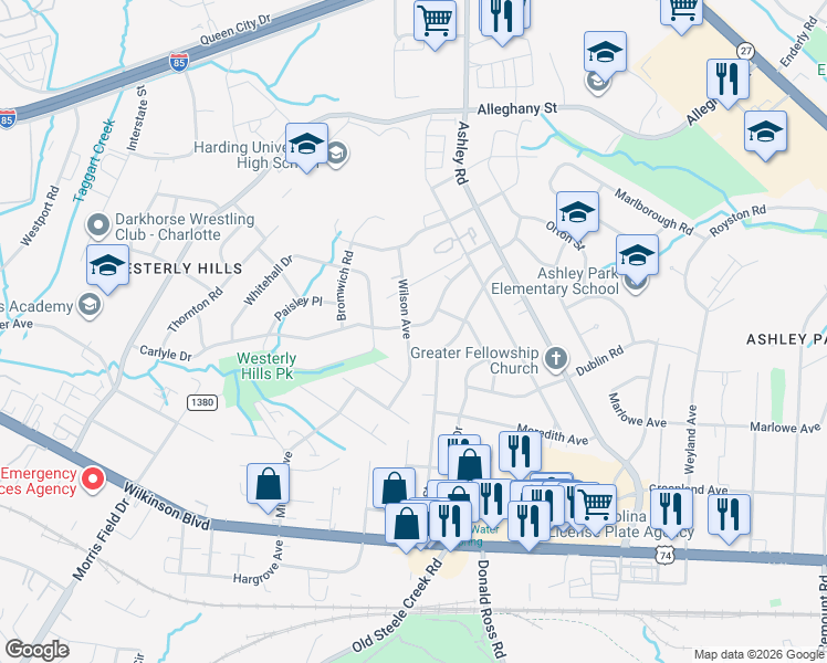map of restaurants, bars, coffee shops, grocery stores, and more near 2120 Wilson Avenue in Charlotte