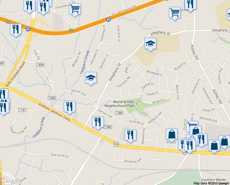 map of restaurants, bars, coffee shops, grocery stores, and more near 2708 Thornton Road in Charlotte