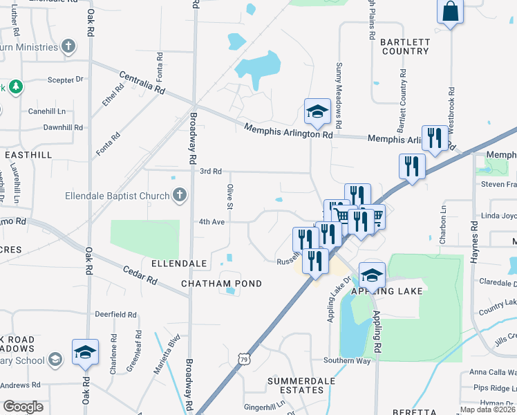 map of restaurants, bars, coffee shops, grocery stores, and more near 3894 Olive Street in Memphis