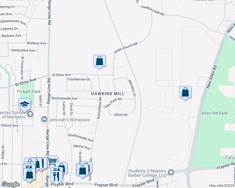 map of restaurants, bars, coffee shops, grocery stores, and more near 3915 Gruber Cove in Memphis