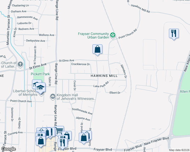 map of restaurants, bars, coffee shops, grocery stores, and more near 3889 Schoolfield Road in Memphis