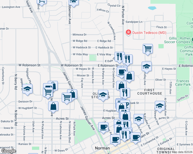 map of restaurants, bars, coffee shops, grocery stores, and more near 102 East Hayes Street in Norman