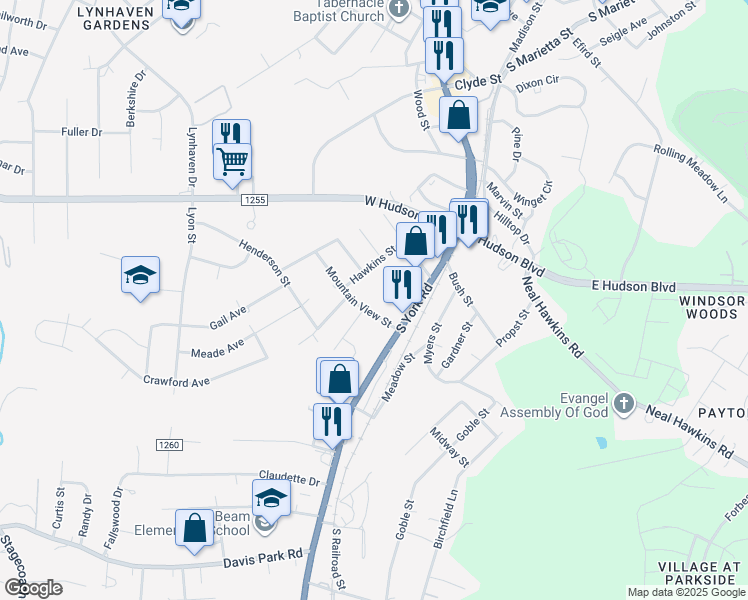 map of restaurants, bars, coffee shops, grocery stores, and more near 2504 Hawkins Street in Gastonia
