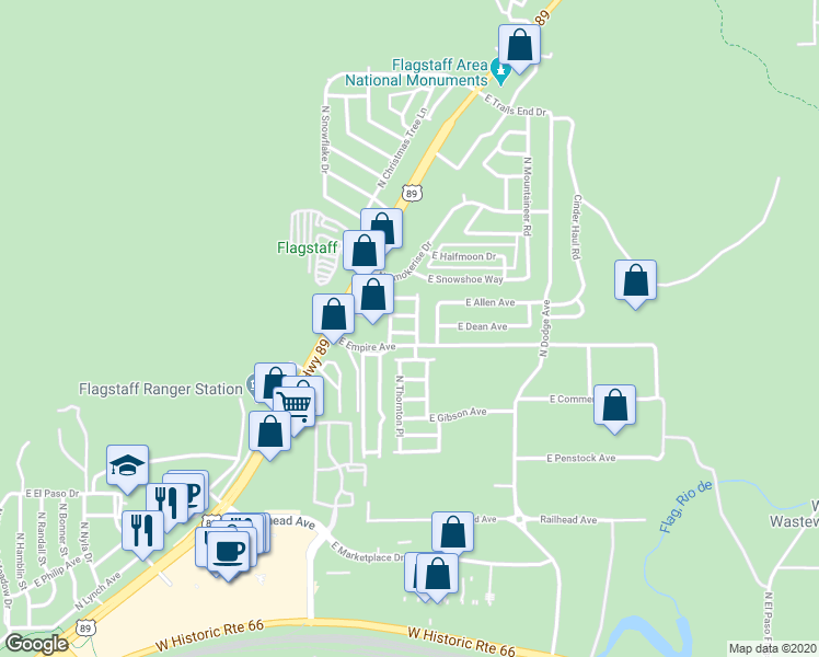 map of restaurants, bars, coffee shops, grocery stores, and more near 5600 North Dakota Street in Flagstaff