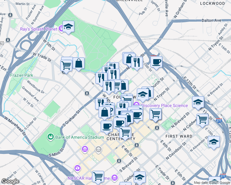 map of restaurants, bars, coffee shops, grocery stores, and more near W 6th St & N Pine St in Charlotte