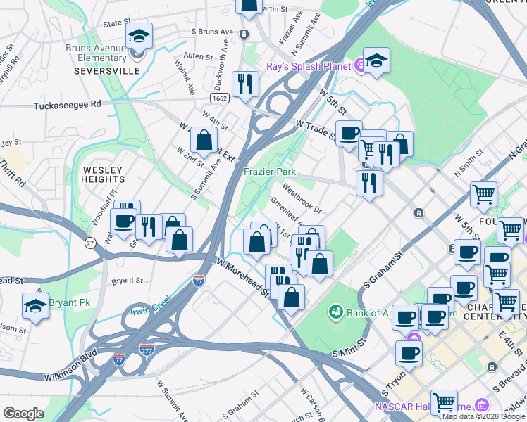 map of restaurants, bars, coffee shops, grocery stores, and more near 1182w West 1st Street in Charlotte