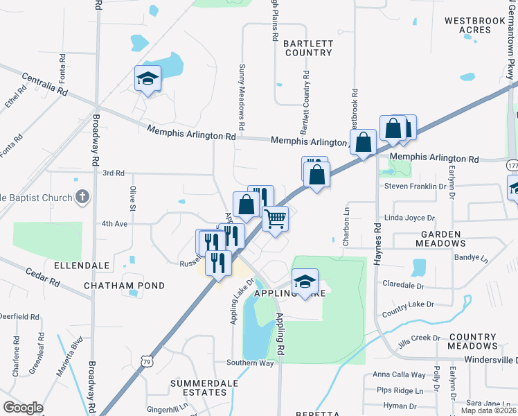 map of restaurants, bars, coffee shops, grocery stores, and more near 7636 U.S. 70 in Memphis