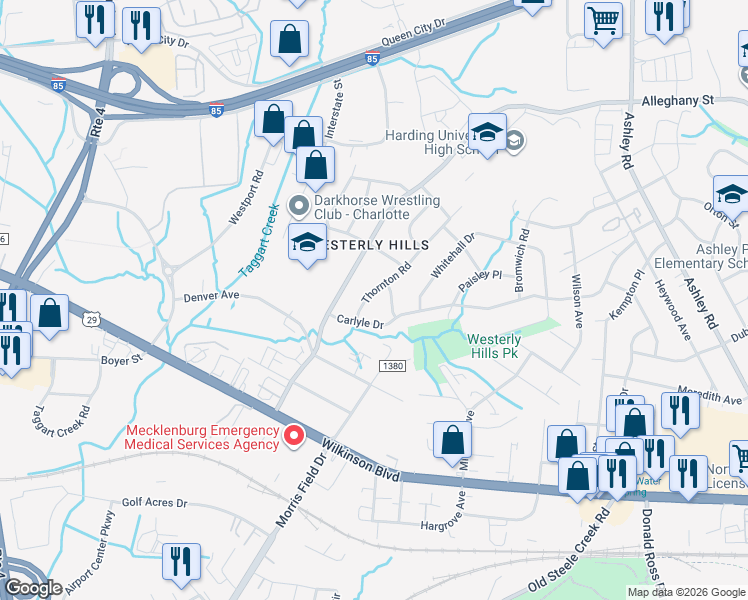 map of restaurants, bars, coffee shops, grocery stores, and more near 2708 Thornton Road in Charlotte