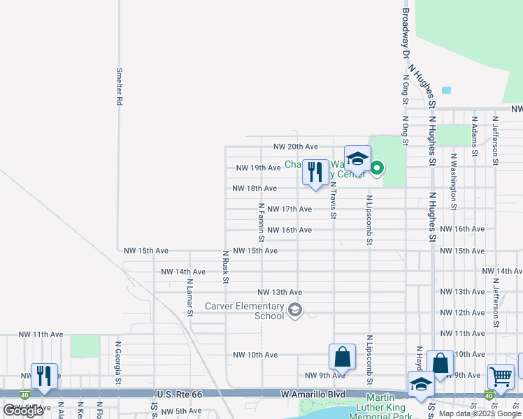 map of restaurants, bars, coffee shops, grocery stores, and more near 1700 North Fannin Street in Amarillo
