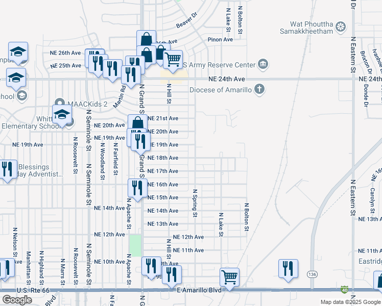 map of restaurants, bars, coffee shops, grocery stores, and more near 3817 Northeast 19th Avenue in Amarillo