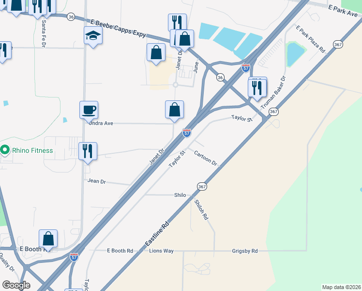 map of restaurants, bars, coffee shops, grocery stores, and more near 2201 Taylor Road in Searcy