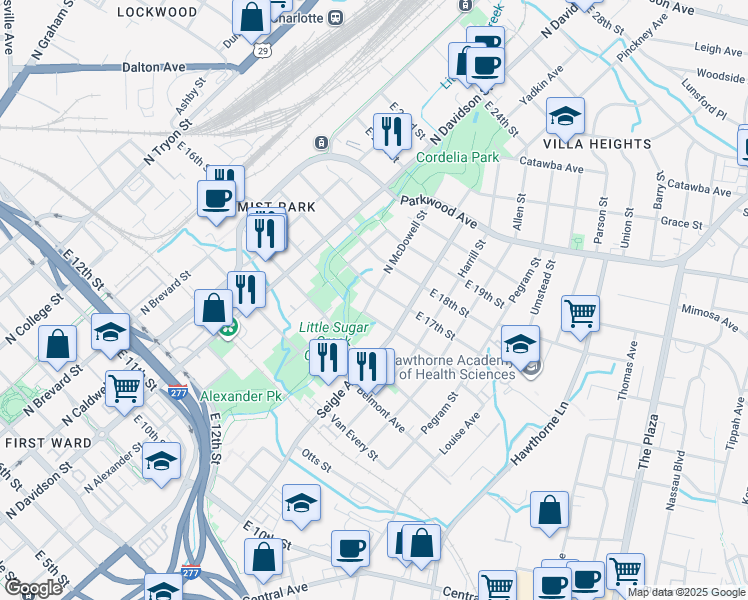 map of restaurants, bars, coffee shops, grocery stores, and more near 724 East 17th Street in Charlotte
