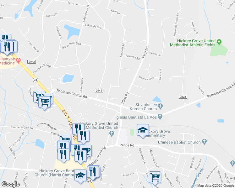 map of restaurants, bars, coffee shops, grocery stores, and more near 6414 Teaneck Place in Charlotte
