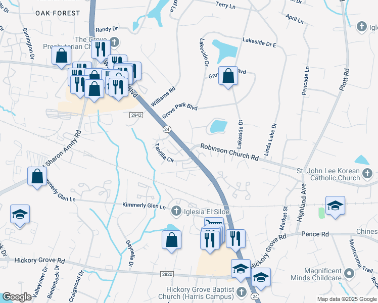 map of restaurants, bars, coffee shops, grocery stores, and more near E W T Harris Blvd & E Robinson Church Rd in Charlotte