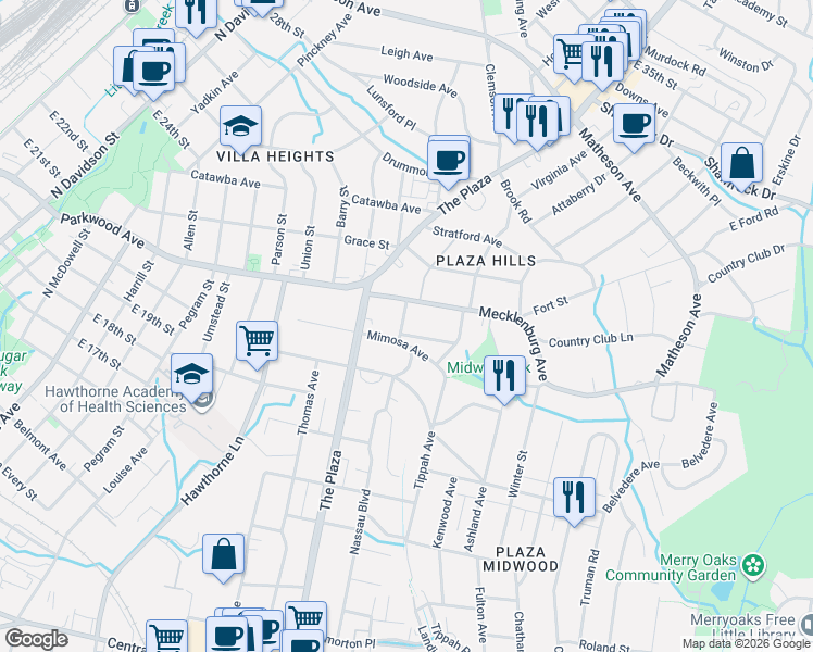 map of restaurants, bars, coffee shops, grocery stores, and more near in Charlotte