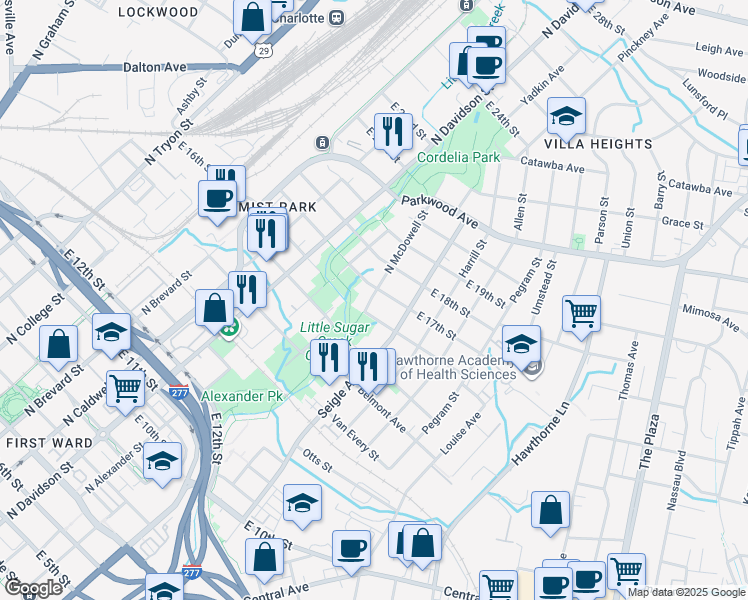 map of restaurants, bars, coffee shops, grocery stores, and more near in Charlotte