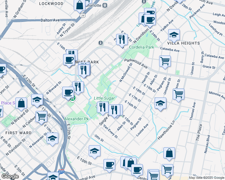 map of restaurants, bars, coffee shops, grocery stores, and more near 724 East 17th Street in Charlotte