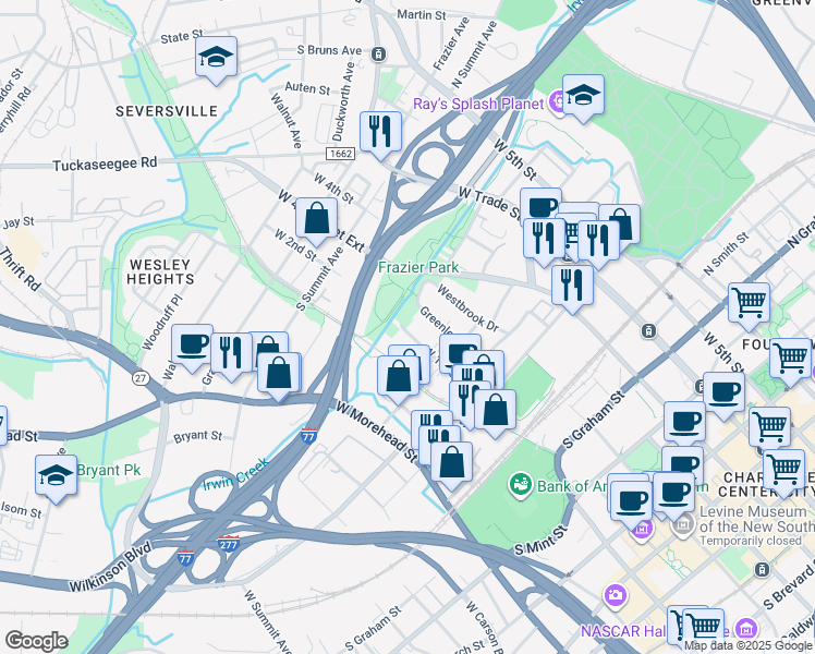map of restaurants, bars, coffee shops, grocery stores, and more near 1182w West 1st Street in Charlotte