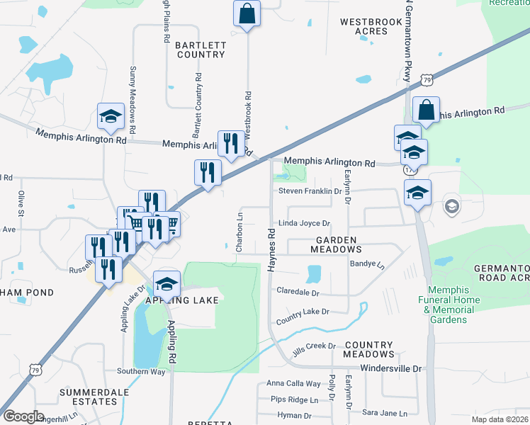 map of restaurants, bars, coffee shops, grocery stores, and more near 7828 Chaney Lane in Bartlett