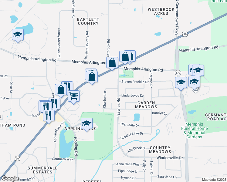 map of restaurants, bars, coffee shops, grocery stores, and more near 7828 Chaney Lane in Bartlett