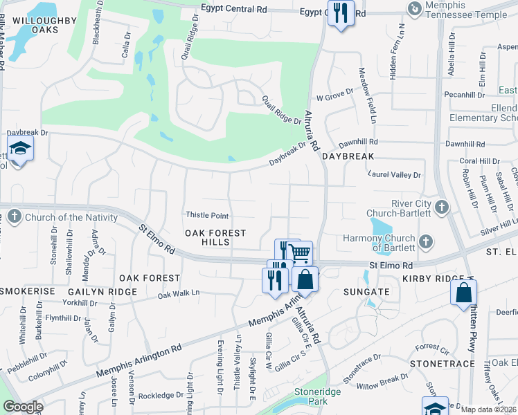 map of restaurants, bars, coffee shops, grocery stores, and more near 3889 Thistle Knoll Cove in Bartlett