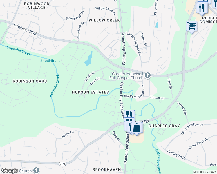 map of restaurants, bars, coffee shops, grocery stores, and more near 4085 Gaston Day School Road in Gastonia