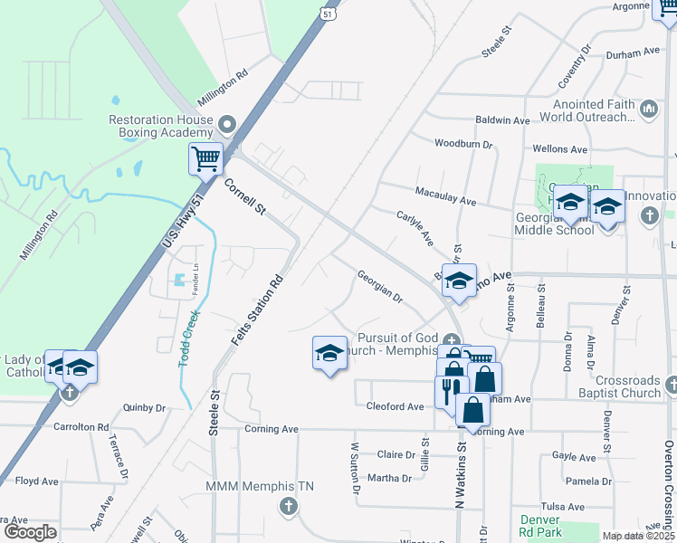 map of restaurants, bars, coffee shops, grocery stores, and more near 1635 Georgian Drive in Memphis