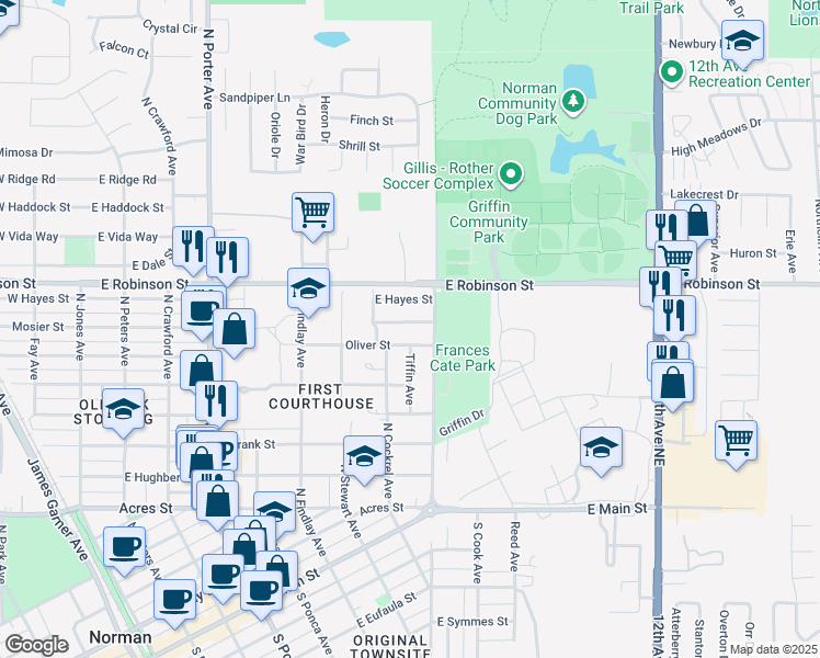 map of restaurants, bars, coffee shops, grocery stores, and more near 805 East Mosier Street in Norman