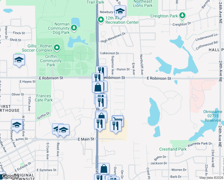 map of restaurants, bars, coffee shops, grocery stores, and more near 1151 Sonoma Park Drive in Norman