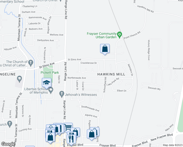 map of restaurants, bars, coffee shops, grocery stores, and more near 2785 Gruber Drive in Memphis