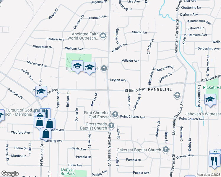 map of restaurants, bars, coffee shops, grocery stores, and more near 2118 Saint Elmo Avenue in Memphis