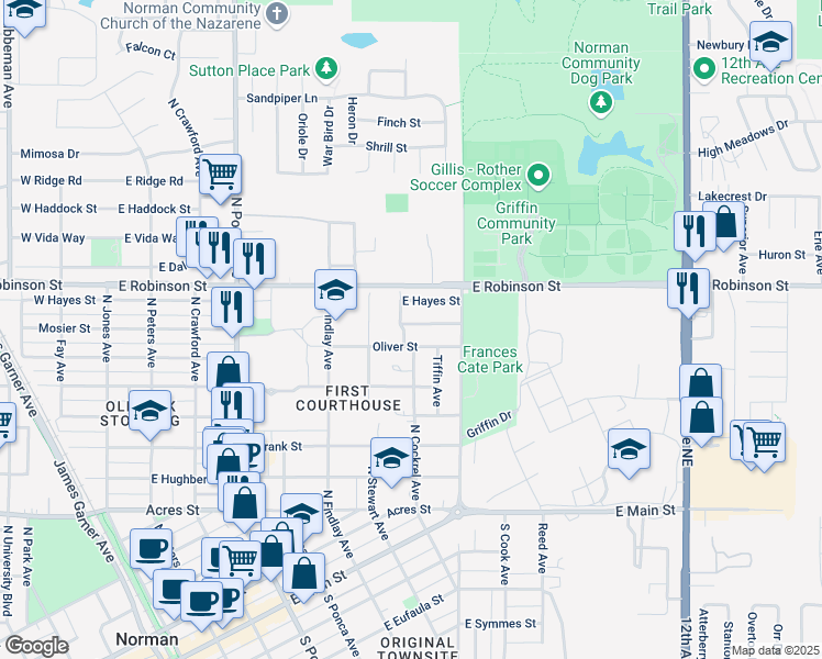 map of restaurants, bars, coffee shops, grocery stores, and more near 805 North Cockrel Avenue in Norman