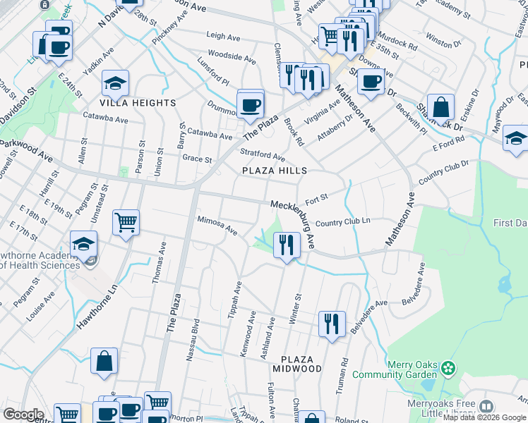 map of restaurants, bars, coffee shops, grocery stores, and more near in Charlotte