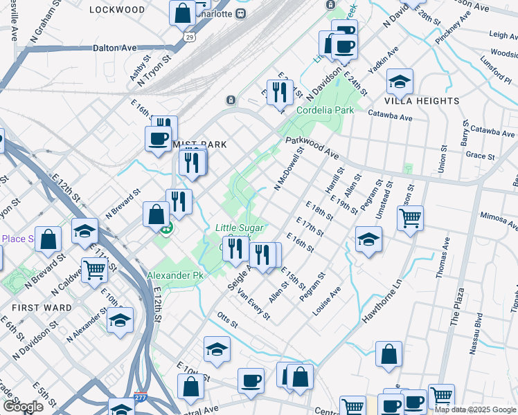 map of restaurants, bars, coffee shops, grocery stores, and more near 724 East 17th Street in Charlotte